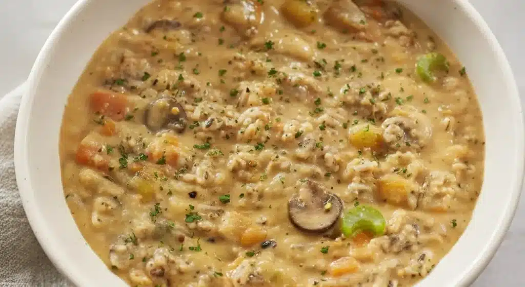 Bowl of creamy wild rice soup with mushrooms, carrots, and fresh parsley