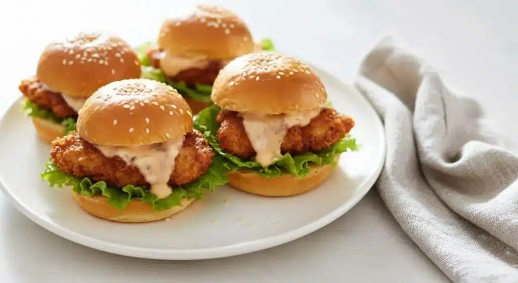 Golden Bang Bang Chicken Sliders with spicy sauce and lettuce
