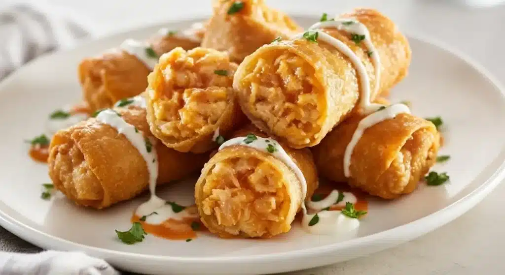 Golden buffalo chicken dip egg rolls served with ranch dressing
