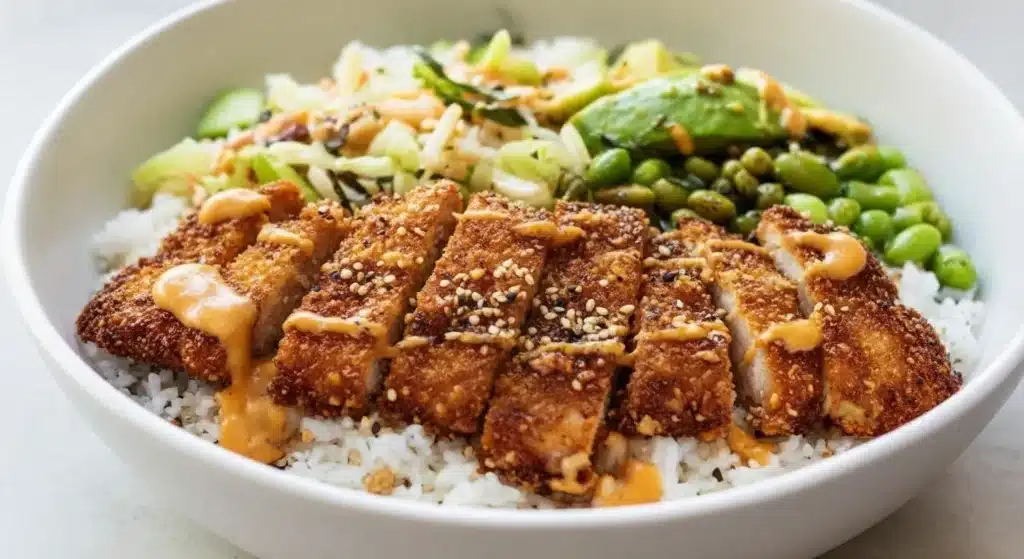 Golden Crispy Chicken Katsu Bowls slaw and katsu sauce