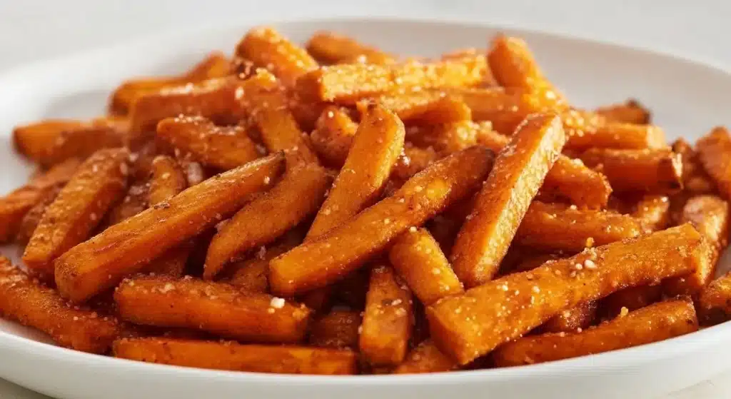 Golden oven baked sweet potato fries served on parchment paper