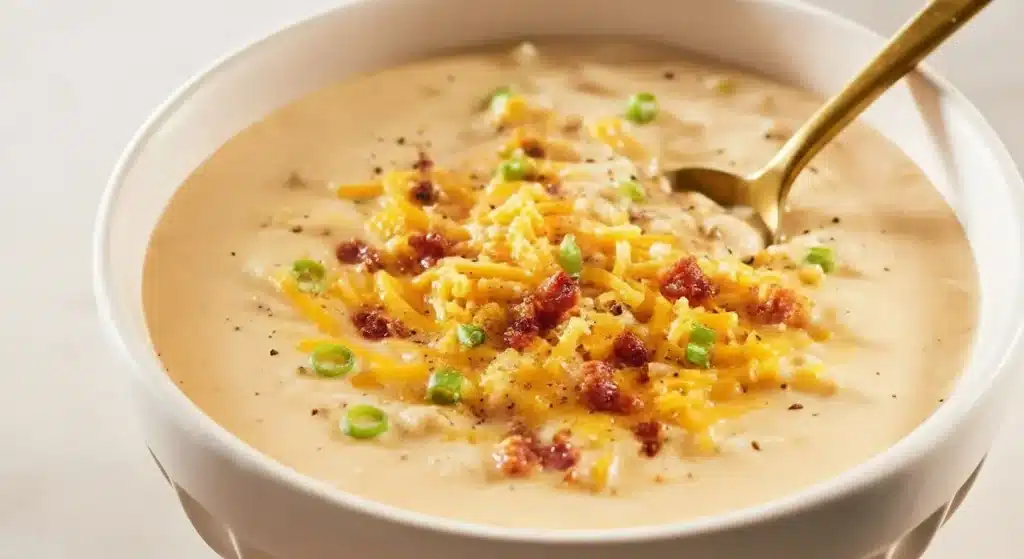 Creamy crack potato soup topped with bacon, cheddar, and green onions