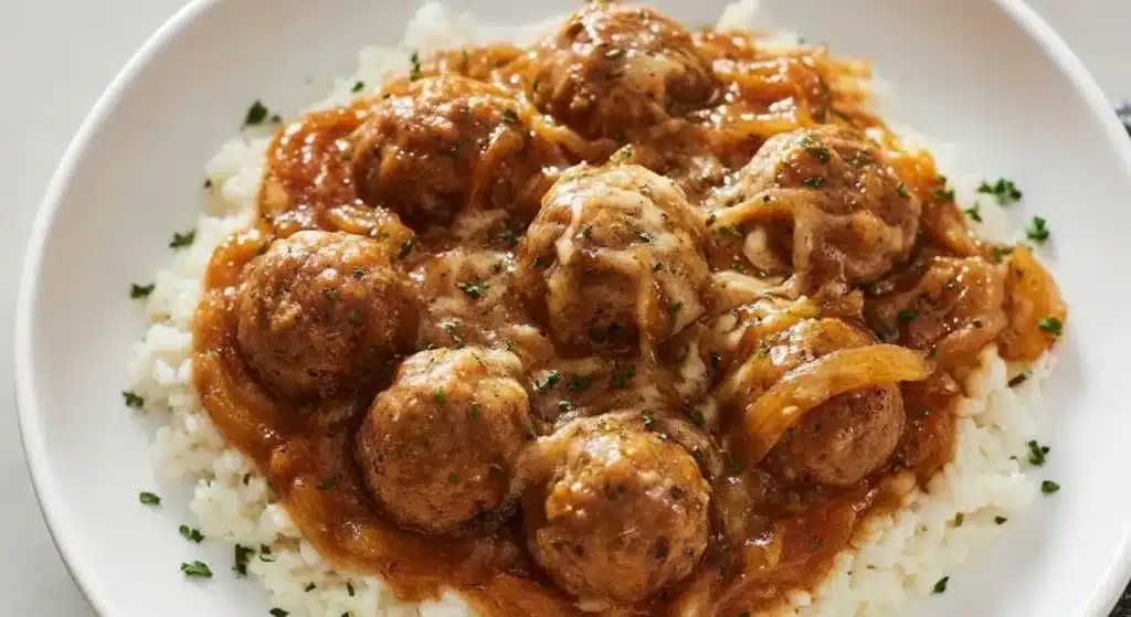 Slow cooker French onion meatballs topped with melted Gruyère and caramelized onions