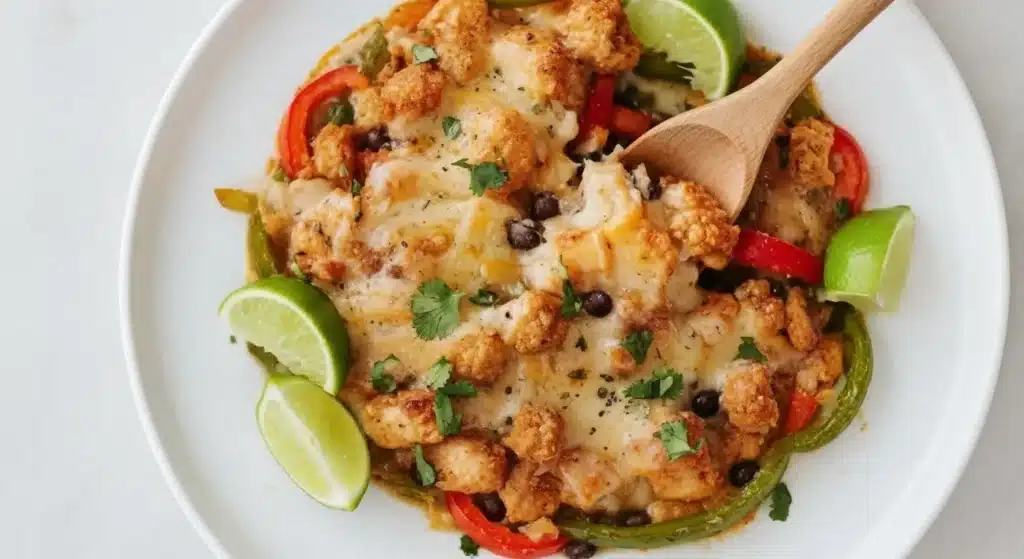 Close-up of cheesy Easy Chicken Fajita Casserole fresh from oven