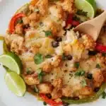 Close-up of cheesy Easy Chicken Fajita Casserole fresh from oven