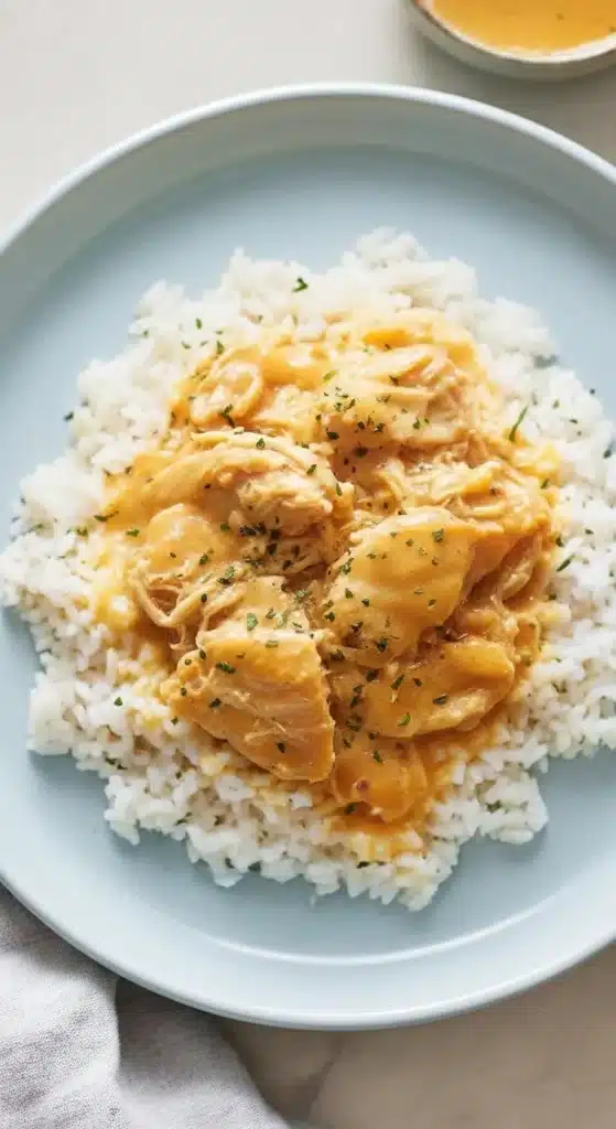 Tender shredded chicken in rich gravy served over mashed potatoes