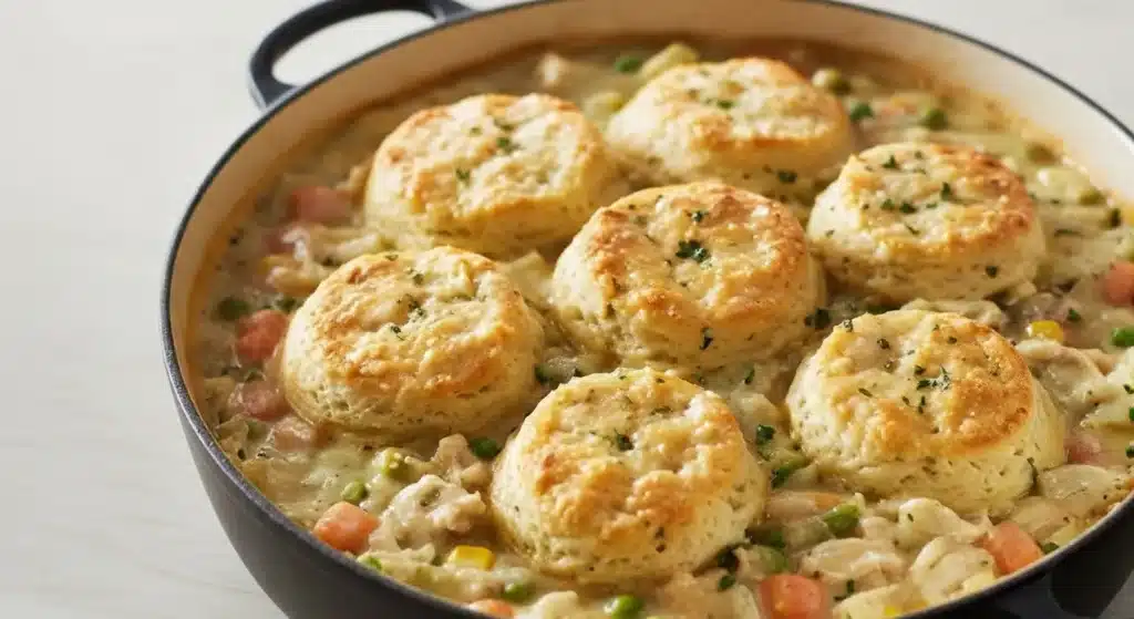 Freshly baked biscuit chicken pot pie with golden crust and creamy filling