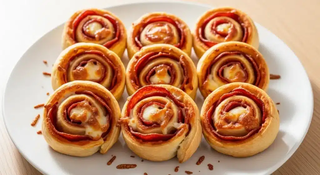 Freshly baked pepperoni pinwheels on a white plate with melted mozzarella