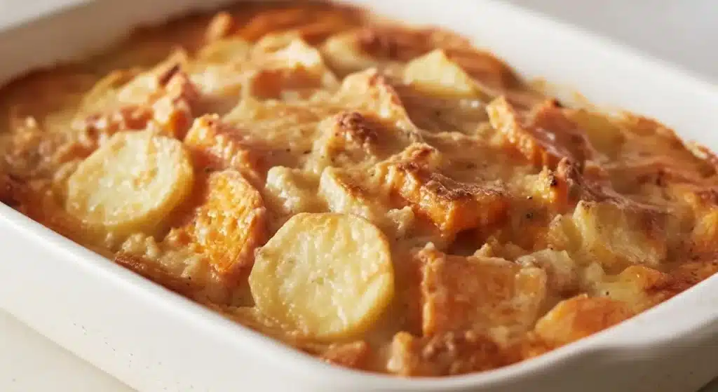Baked root vegetable gratin with golden cheesy crust