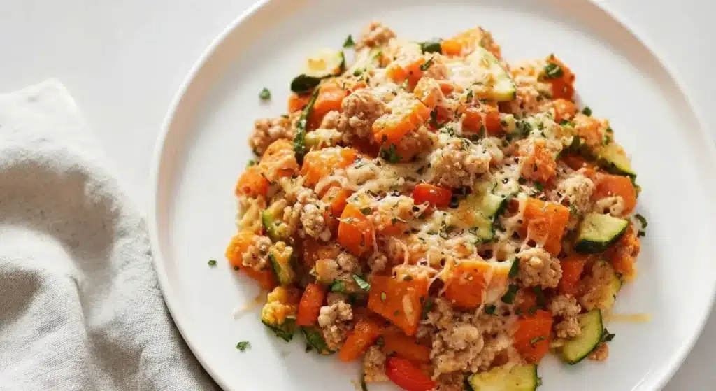 Baked ground turkey and sweet potato casserole with colorful vegetables