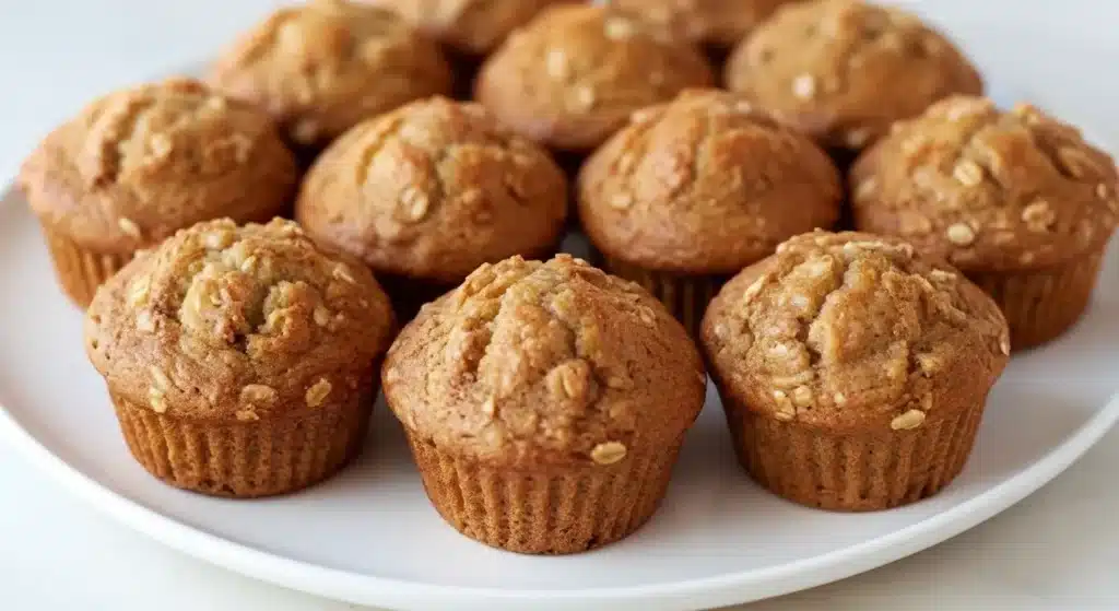 Fresh banana oatmeal muffins stacked on a plate for a healthy breakfast