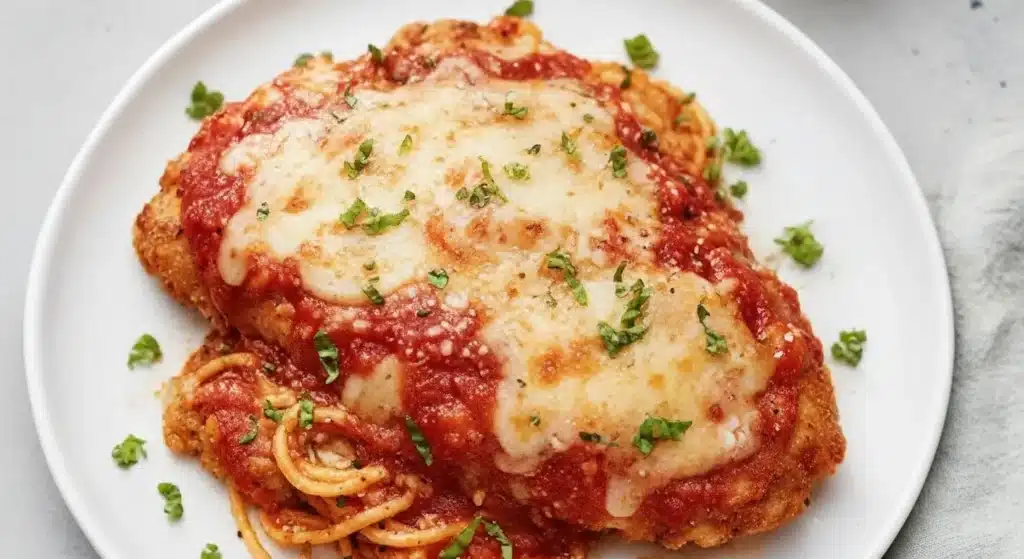 Golden baked Healthy Chicken Parmesan with marinara and melted cheese