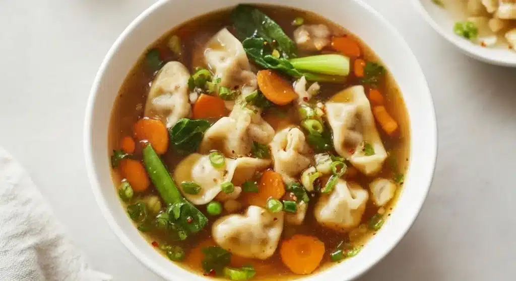 Bowl of potsticker soup with chicken dumplings and bok choy