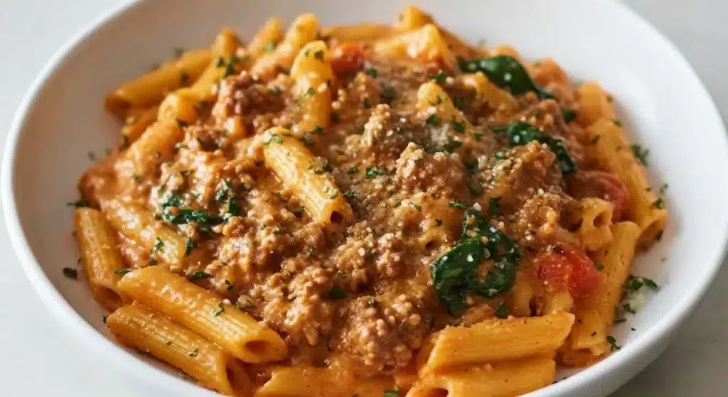 Creamy high protein beef pasta topped with Parmesan and parsley
