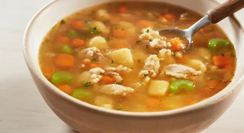 Warm chicken soup with potatoes, carrots, and herbs in a white bowl