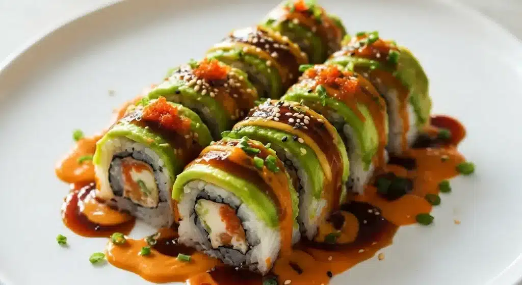 Close-up of dragon roll sushi topped with avocado and drizzled with eel sauce