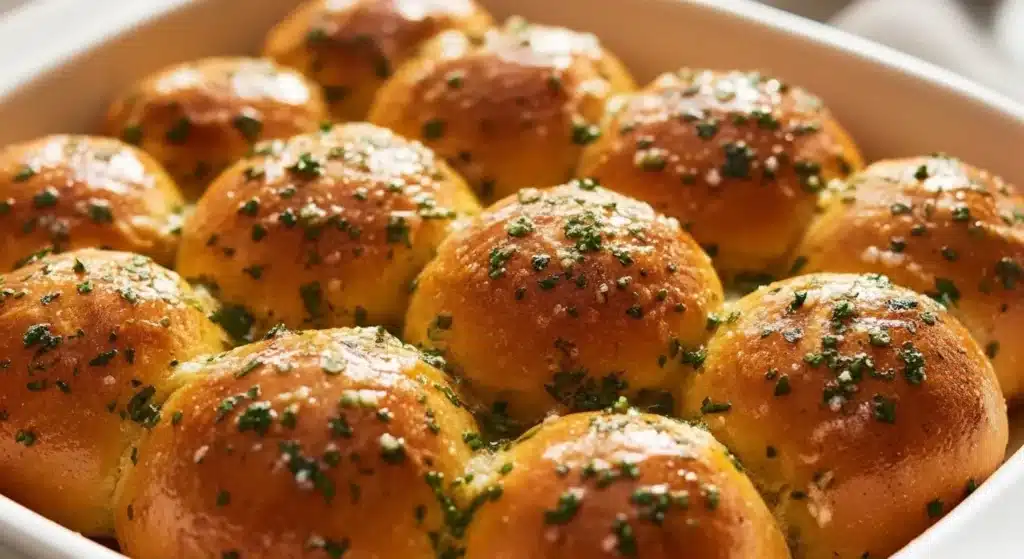 Golden homemade garlic butter bread rolls with soft, fluffy centers