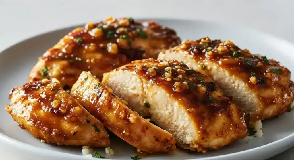 Juicy honey garlic chicken breasts coated in golden sticky glaze