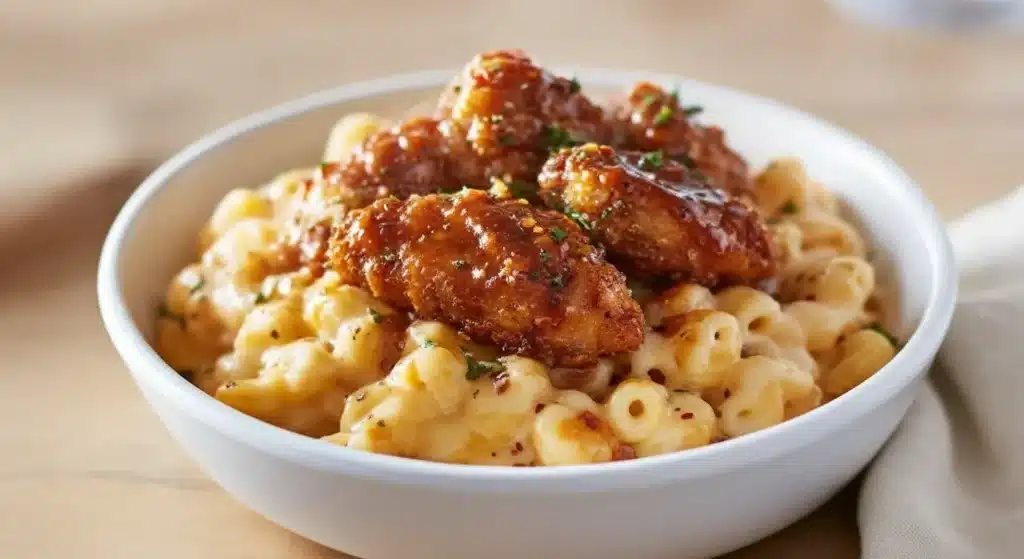 Close view of honey pepper chicken over creamy cheddar mac and cheese