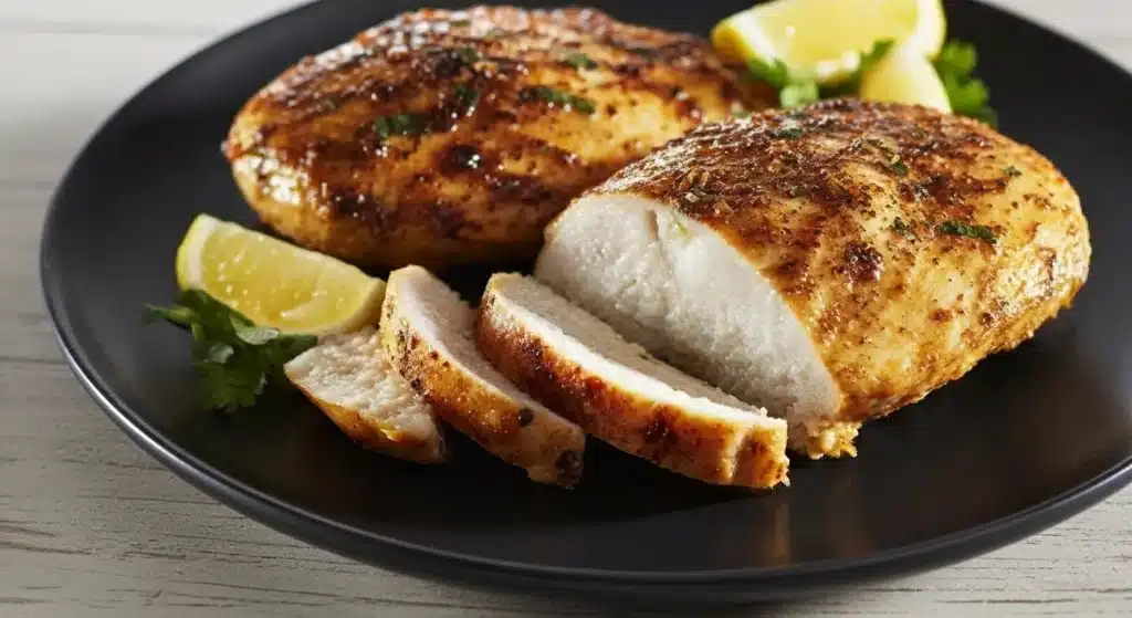 Close-up of lemon herb chicken with asparagus and cherry tomatoes in skillet