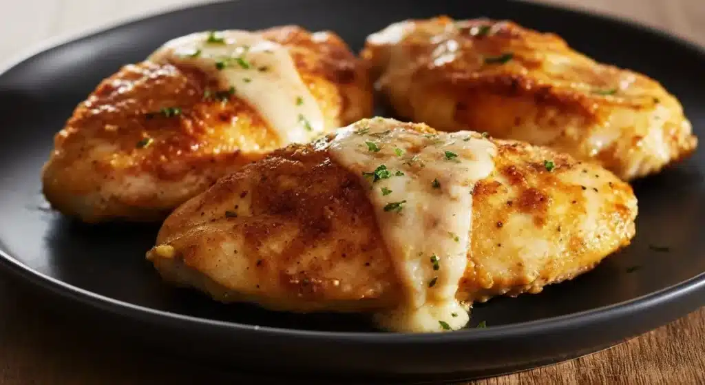 Golden, cheesy melt-in-your-mouth chicken breast with crispy topping