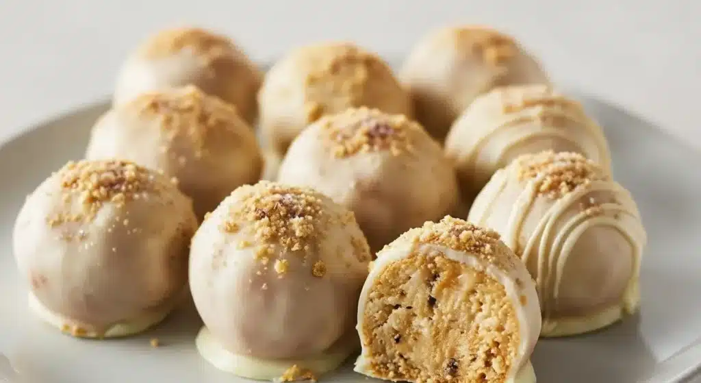 Creamy no bake pumpkin cheesecake balls coated in white chocolate