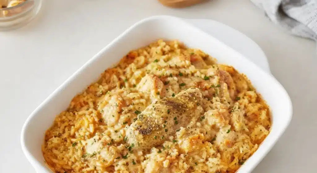 Baked no peek chicken casserole with rice in a glass dish