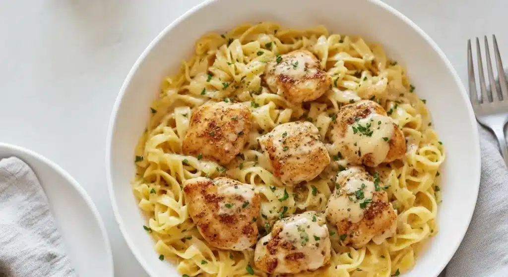 Chicken, egg noodles, butter, Parmesan, garlic, and spinach arranged on a counter