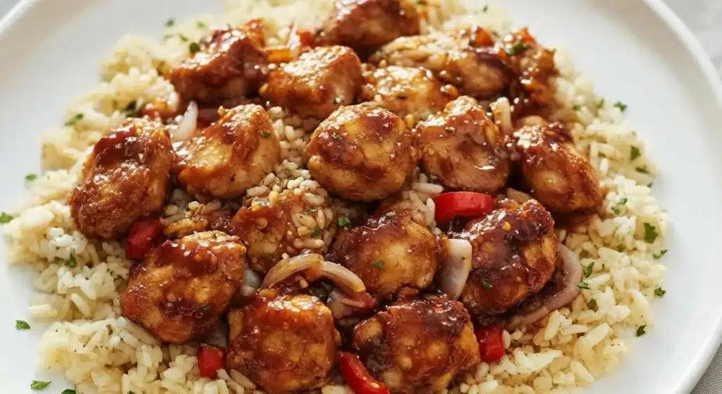 Bowl of one-pan honey BBQ chicken rice garnished with parsley and sauce drizzle