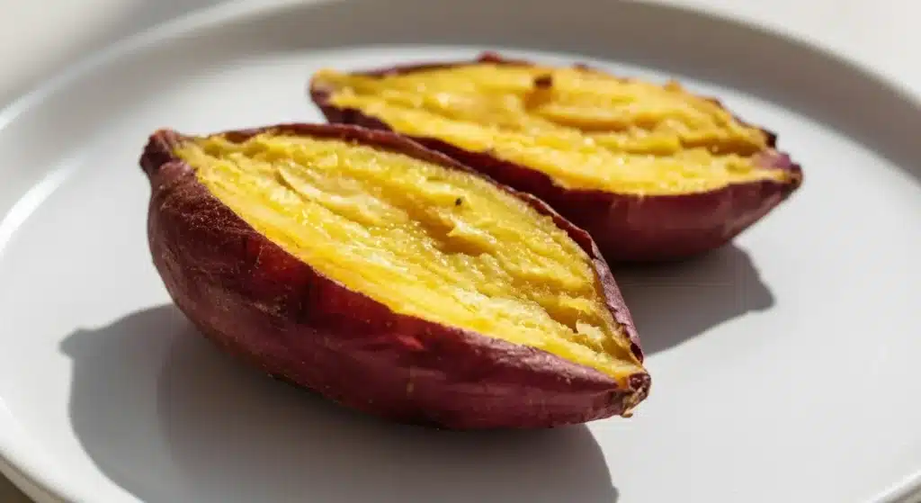 Baked Japanese sweet potatoes with caramelized skin and creamy center