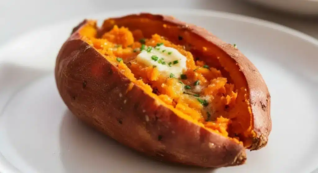 Close-up of a baked sweet potato split open and lightly salted