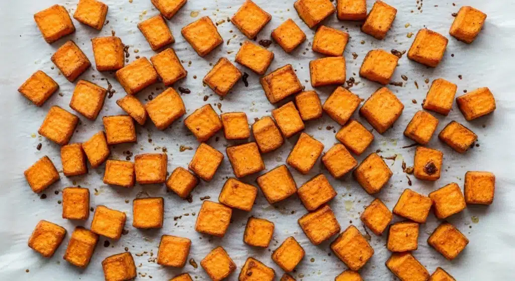 Golden roasted sweet potatoes with caramelized edges on a baking tray