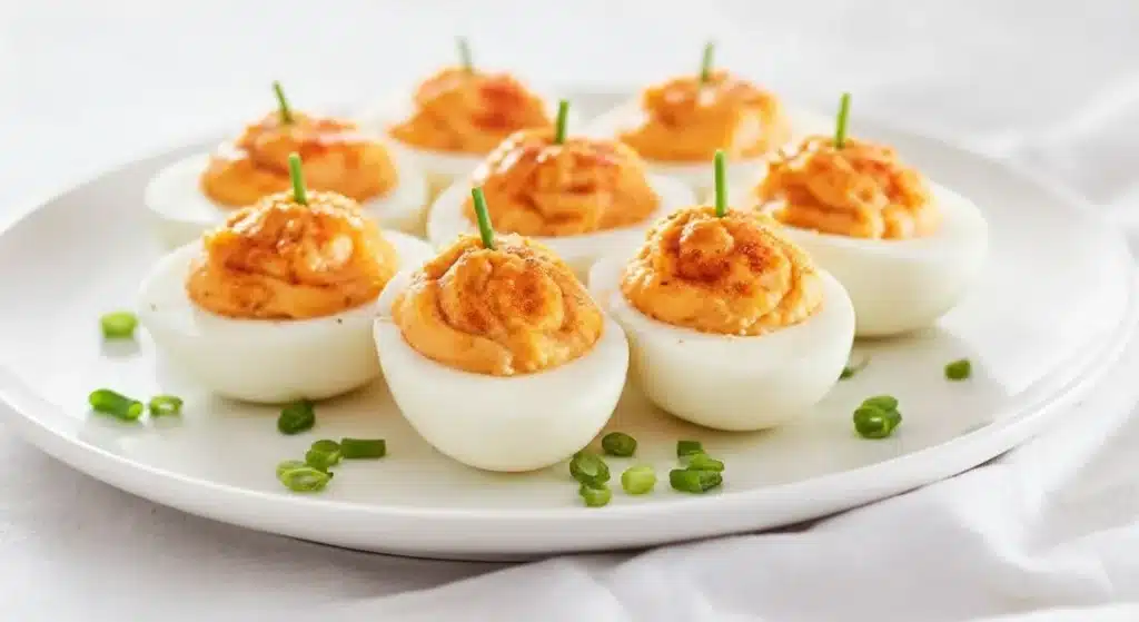 Pumpkin-shaped deviled eggs with chive stems on white serving plate