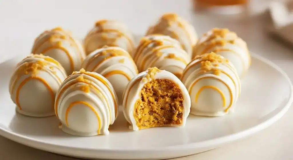 Pumpkin Pie Cake Pops dipped in candy melts with fall sprinkles