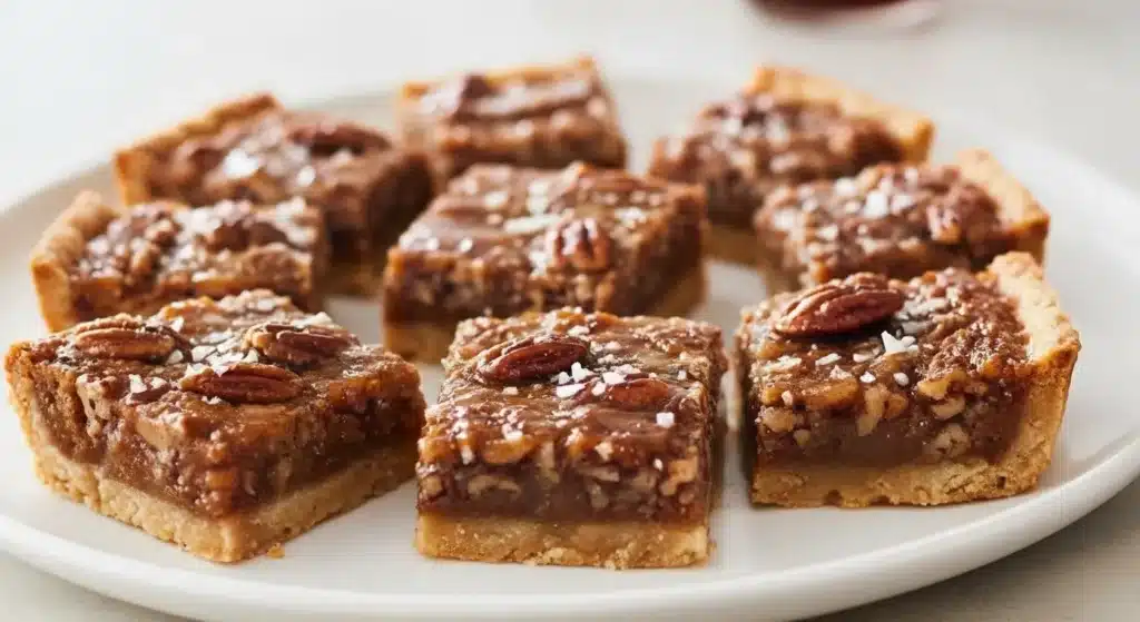 Salted maple pecan pie bars cut into squares with flaky sea salt