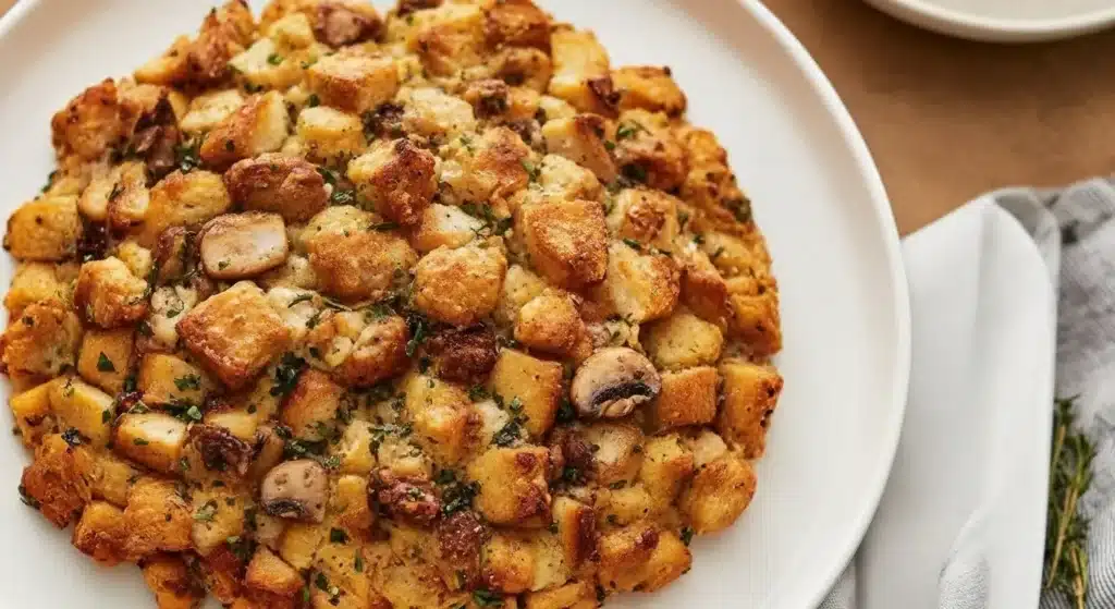 Golden sausage mushroom stuffing baked with herbs
