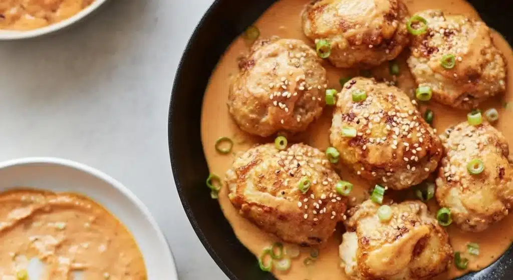 Juicy Bang Bang Chicken Thighs in creamy spicy skillet sauce
