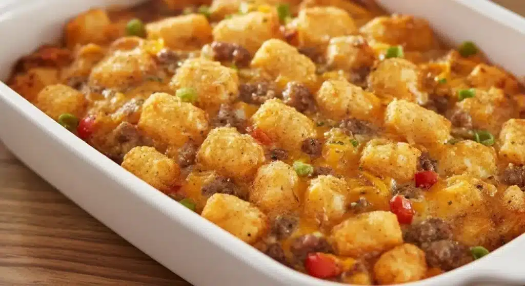 Portion of tater tot sausage breakfast casserole served with parsley garnish