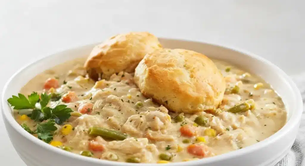 Creamy slow cooker chicken pot pie with flaky golden biscuits