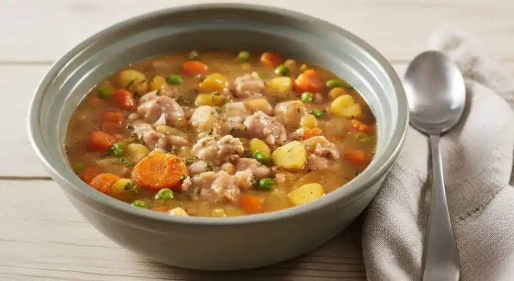 Close-up of tender chicken stew in a slow cooker bowl