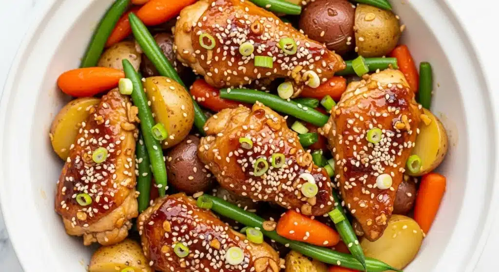 Tender chicken and vegetables in honey garlic sauce