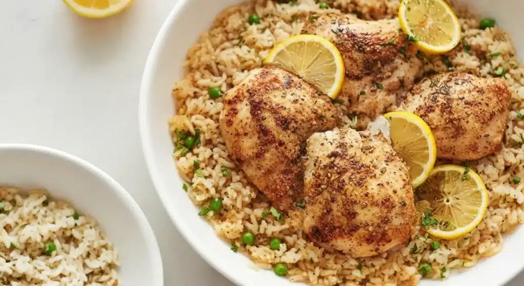 Bowl of slow cooker lemon herb chicken and rice with fresh parsley