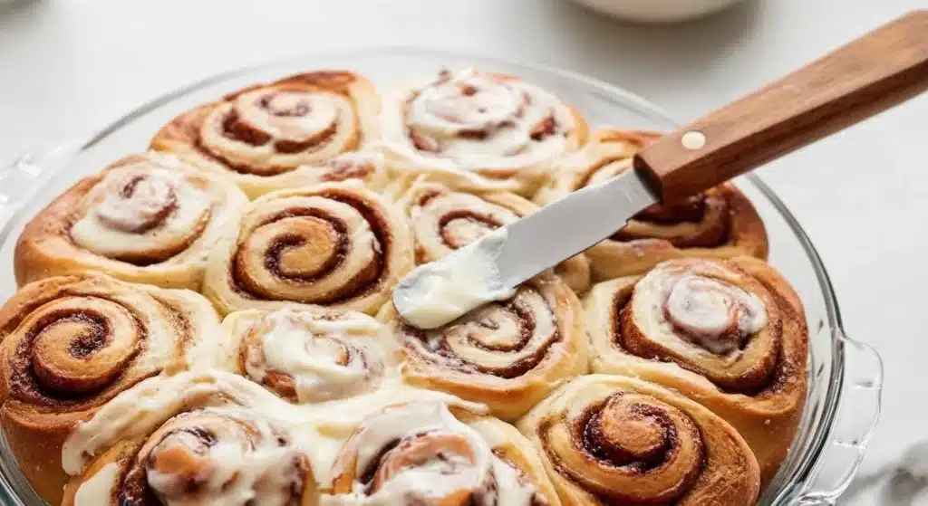 Freshly baked cinnamon rolls topped with creamy frosting on a white plate