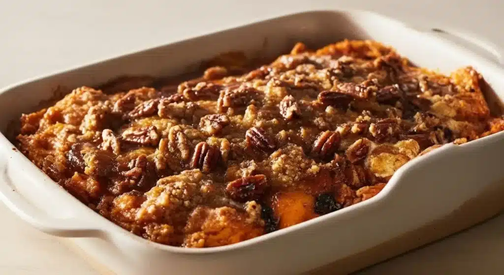 Southern maple sweet potato casserole topped with pecans