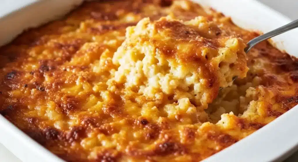 Close-up of creamy Southern baked mac and cheese with crispy top