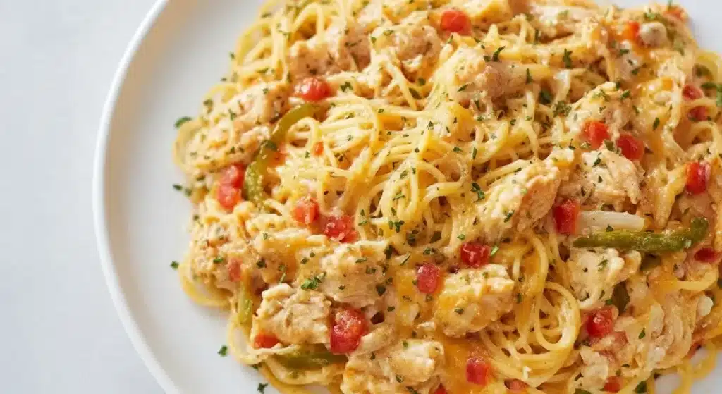 Golden, cheesy Spicy Southern Chicken Spaghetti Casserole in a baking dish