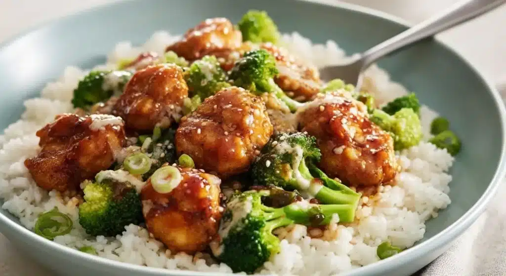Glazed sticky chicken served over rice with sesame seeds and veggies