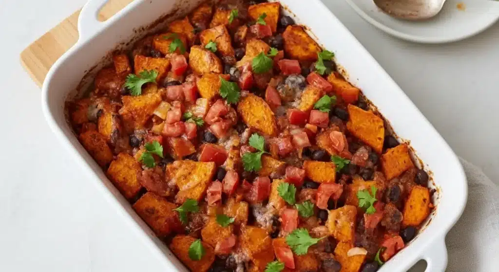 Baked sweet potato black bean casserole topped with golden cheese