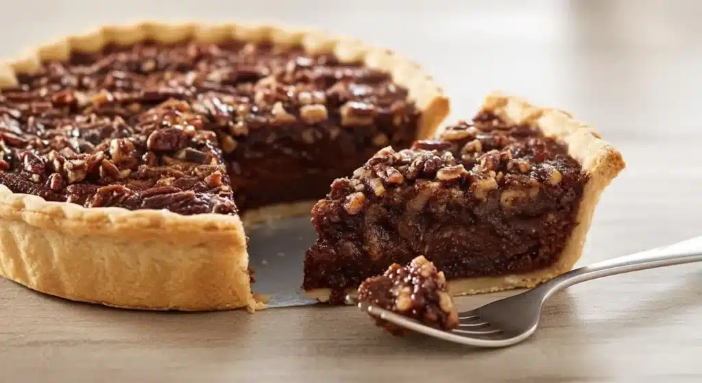 Whole Texas chocolate pecan pie with golden flaky crust and glossy top