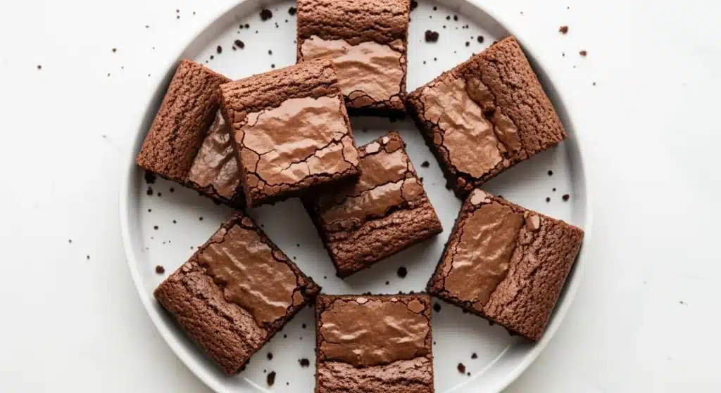 Freshly baked fudgy chewy brownies with glossy crinkle tops cut into squares